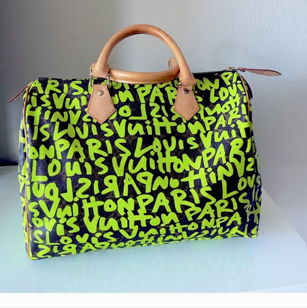 LOUIS VUITTON X Stephen Spriuse Monogram Graffiti Speedy 30 neon green LV bag - Picture 9 of 16